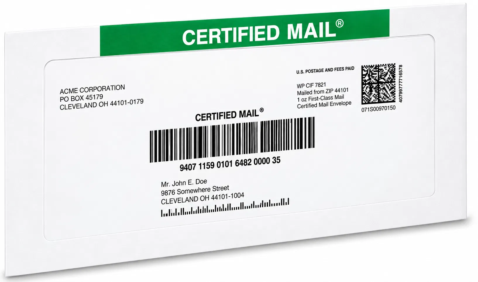 Certified Mail envelope with USPS tracking barcode and delivery confirmation