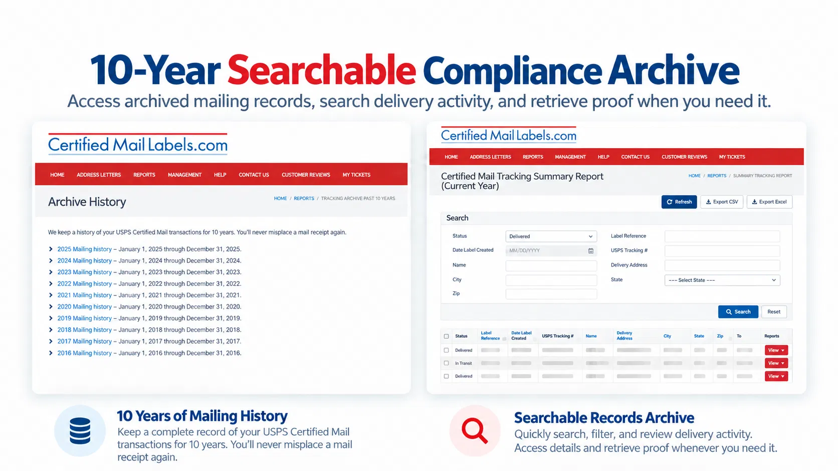 Certified Mail Labels | 10 Year Searchable Compliance Archive